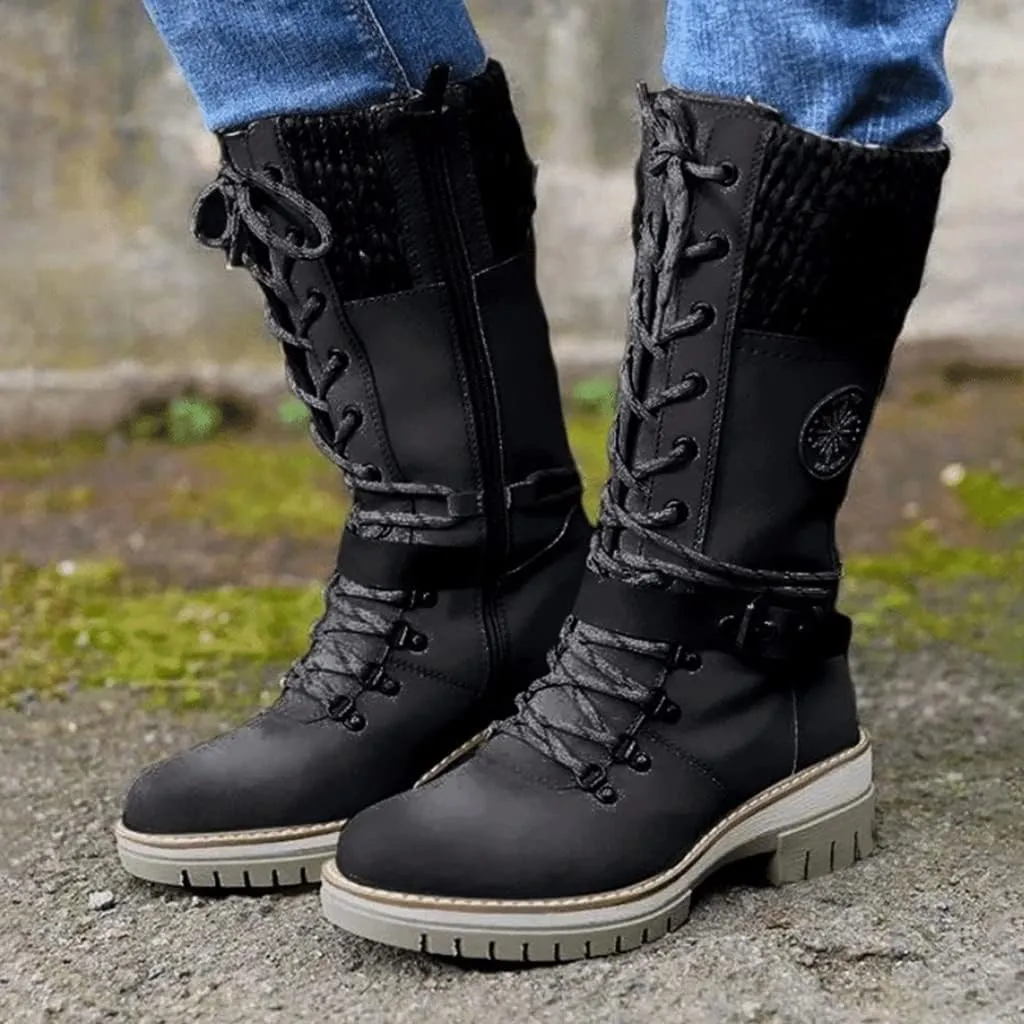 Cydmoty Women Buckle Lace Knitted Mid-calf Boots, tall shaft hiker boot styled with Stylish finished hardware and two-tone laces