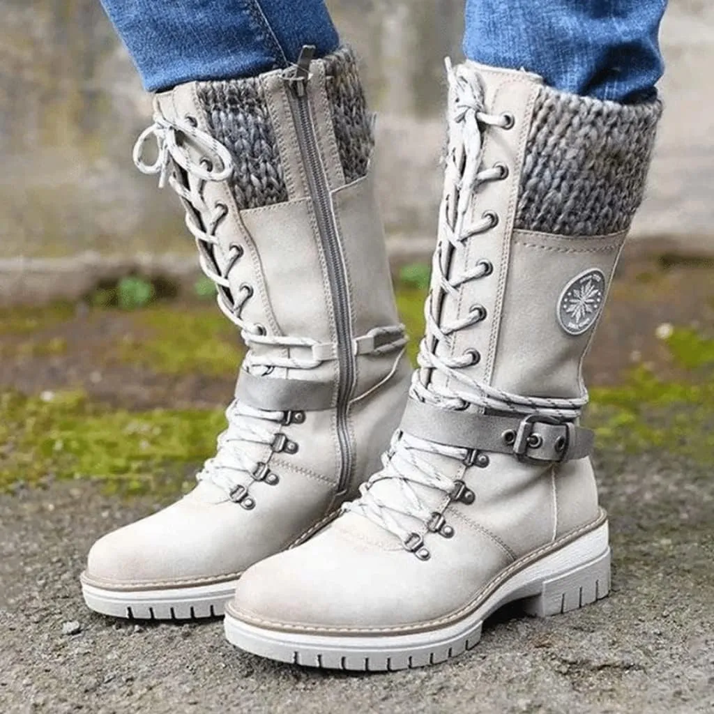 Cydmoty Women Buckle Lace Knitted Mid-calf Boots, tall shaft hiker boot styled with Stylish finished hardware and two-tone laces