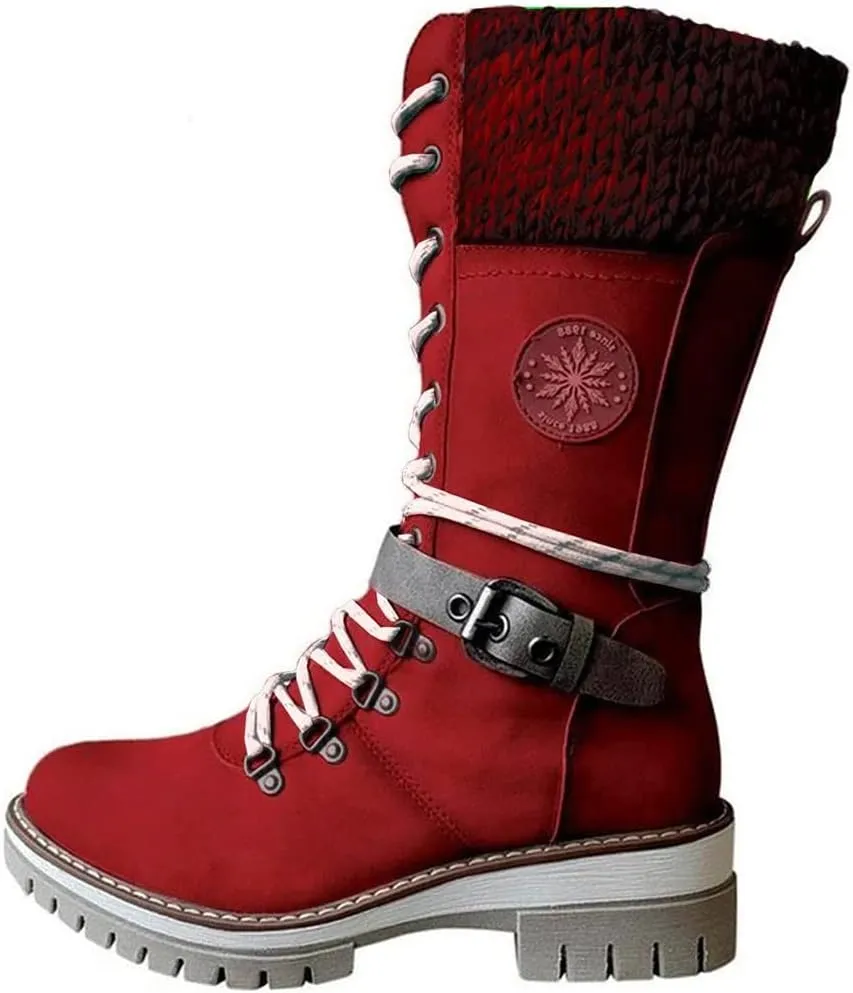 Cydmoty Women Buckle Lace Knitted Mid-calf Boots, tall shaft hiker boot styled with Stylish finished hardware and two-tone laces