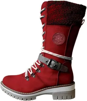 Cydmoty Women Buckle Lace Knitted Mid-calf Boots, tall shaft hiker boot styled with Stylish finished hardware and two-tone laces