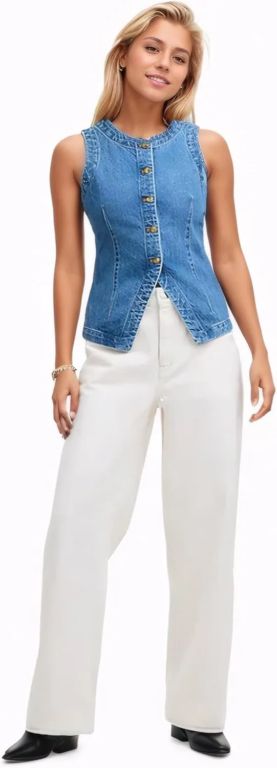 D-Sun Women Denim Vest Sleeveless Crewneck Button Down Jean Waistcoat Casual Front Slit Slim Denim Tank Top