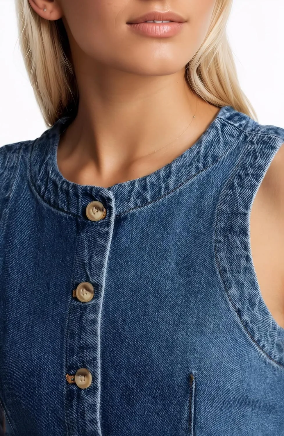 D-Sun Women Denim Vest Sleeveless Crewneck Button Down Jean Waistcoat Casual Front Slit Slim Denim Tank Top