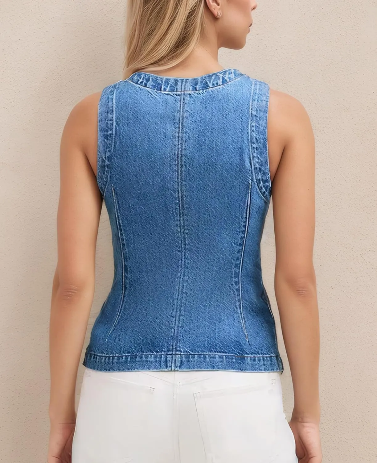 D-Sun Women Denim Vest Sleeveless Crewneck Button Down Jean Waistcoat Casual Front Slit Slim Denim Tank Top