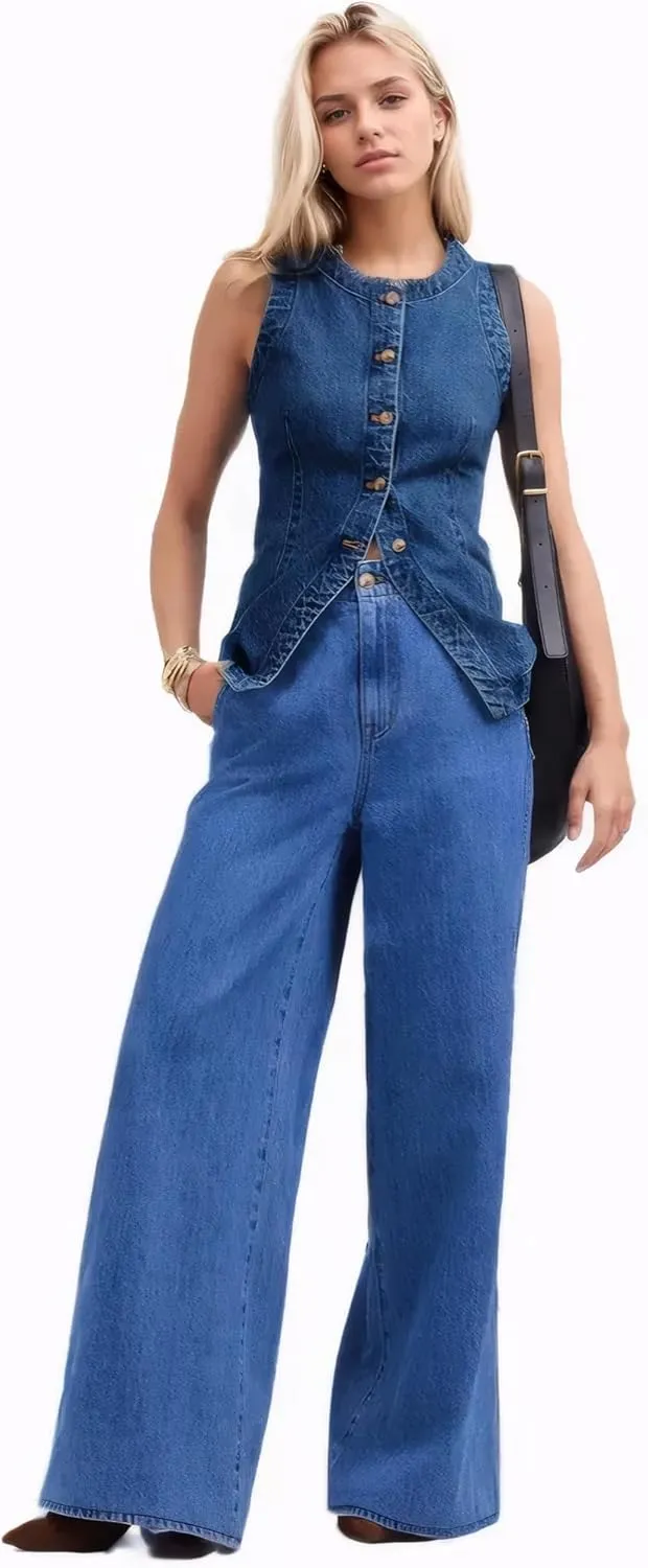 D-Sun Women Denim Vest Sleeveless Crewneck Button Down Jean Waistcoat Casual Front Slit Slim Denim Tank Top