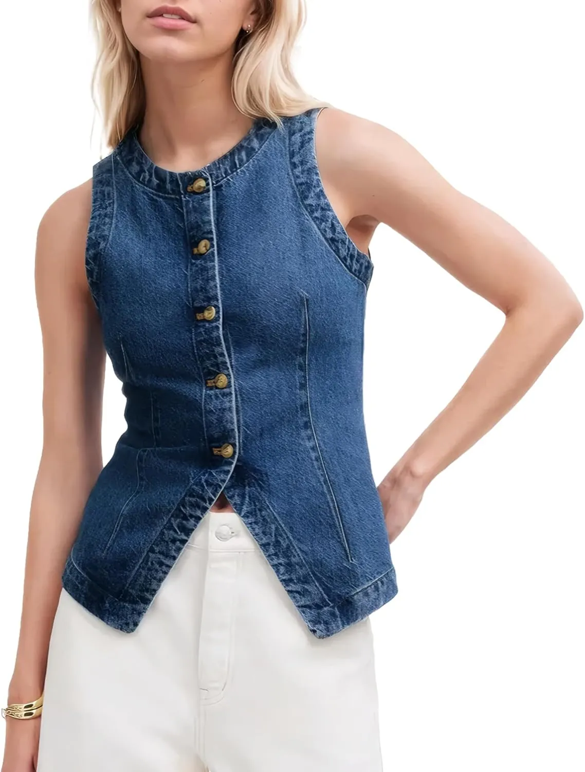 D-Sun Women Denim Vest Sleeveless Crewneck Button Down Jean Waistcoat Casual Front Slit Slim Denim Tank Top