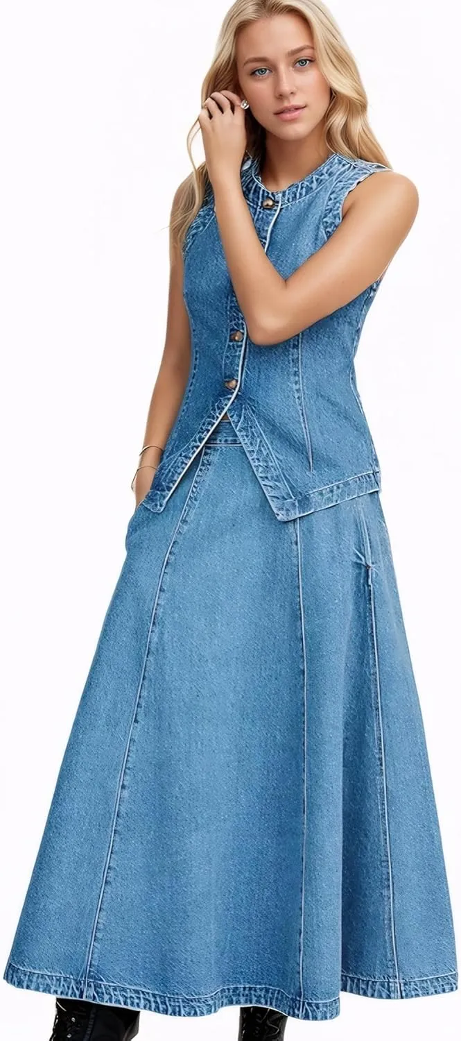 D-Sun Women Denim Vest Sleeveless Crewneck Button Down Jean Waistcoat Casual Front Slit Slim Denim Tank Top