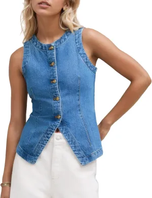 D-Sun Women Denim Vest Sleeveless Crewneck Button Down Jean Waistcoat Casual Front Slit Slim Denim Tank Top