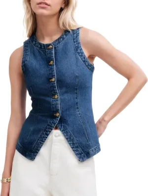 D-Sun Women Denim Vest Sleeveless Crewneck Button Down Jean Waistcoat Casual Front Slit Slim Denim Tank Top