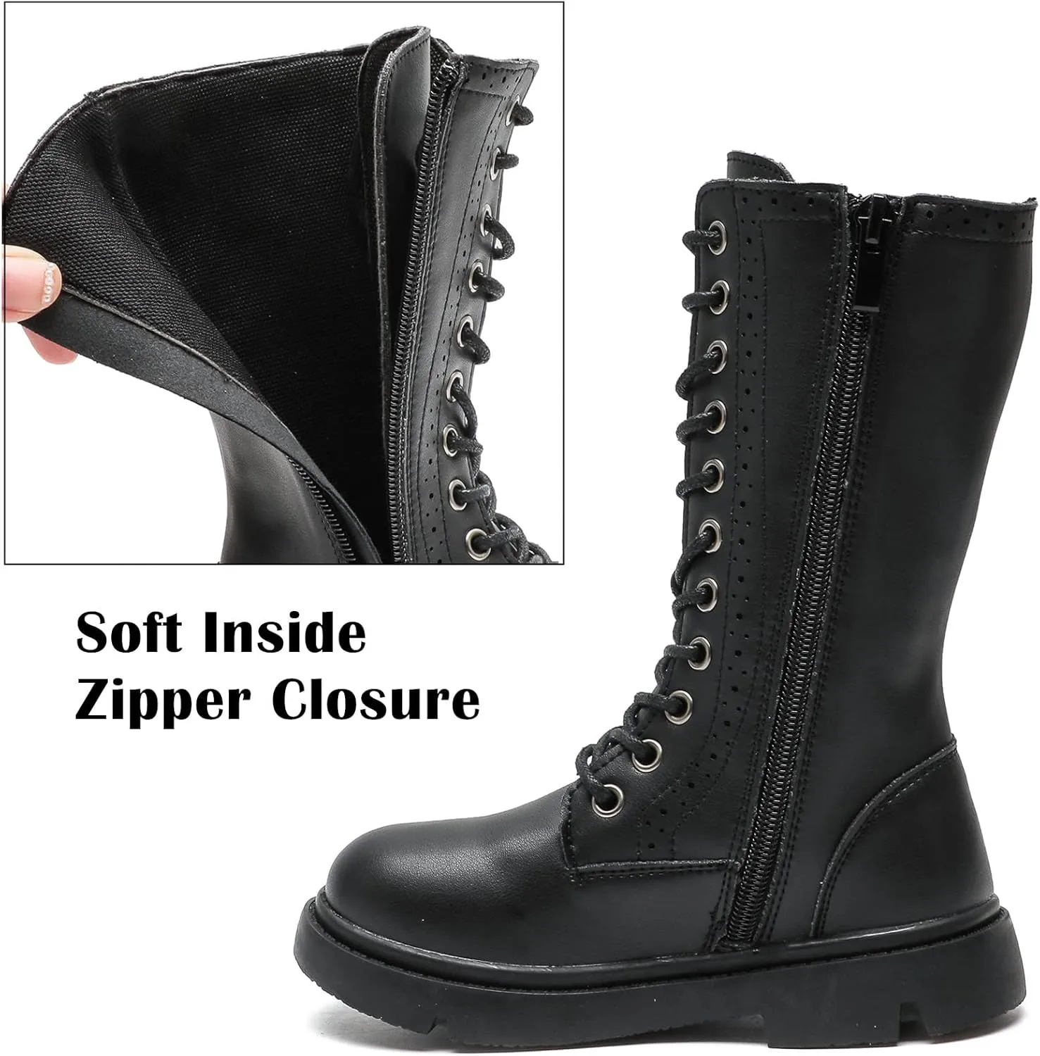 DADAWEN Boys Girls Leather Lace-Up Waterproof Side Zipper Mid Calf Combat Riding Winter Boots (Toddler/Little Kid/Big Kid)