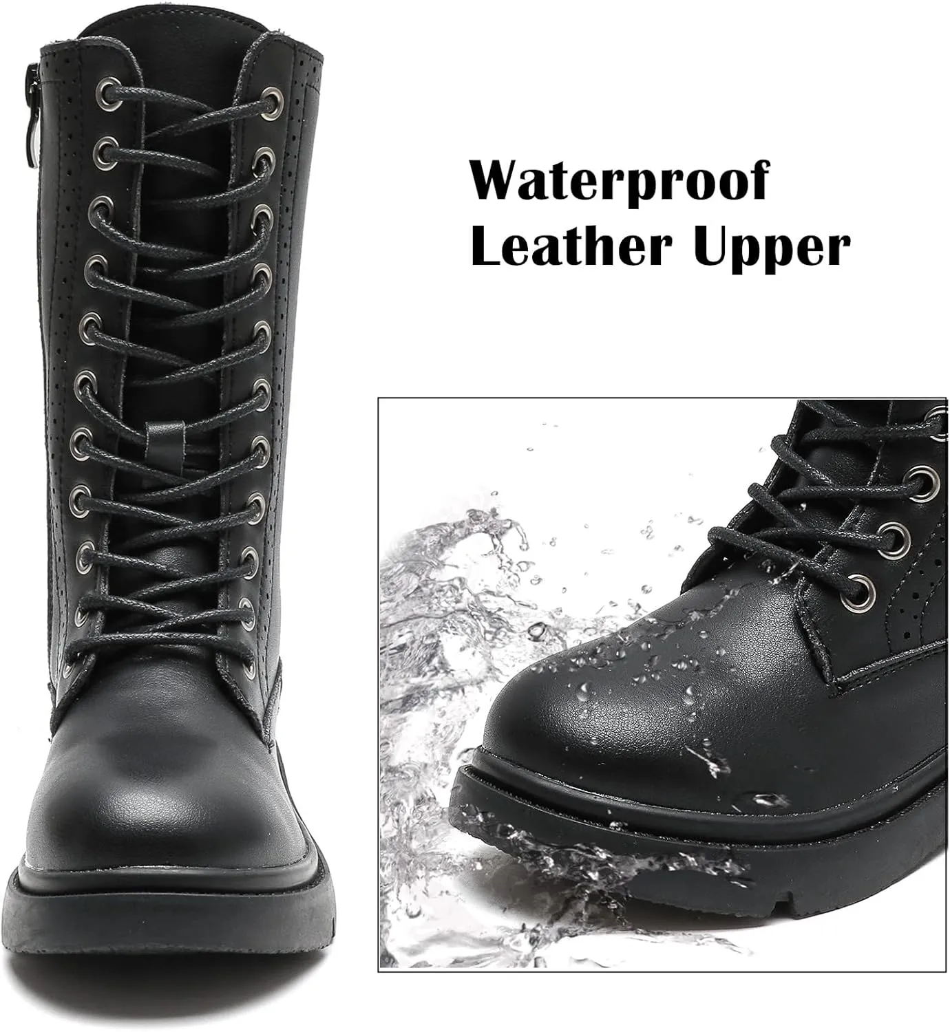 DADAWEN Boys Girls Leather Lace-Up Waterproof Side Zipper Mid Calf Combat Riding Winter Boots (Toddler/Little Kid/Big Kid)