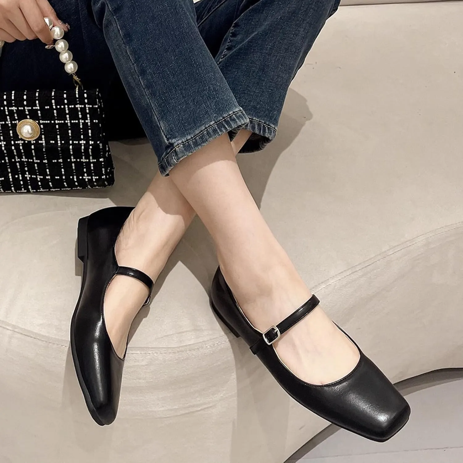 Dear Time Women's Vintage Mary Jane Shoes Ankle Strap Square Toe Flats Uniform Dress Shoes Ballet Flats