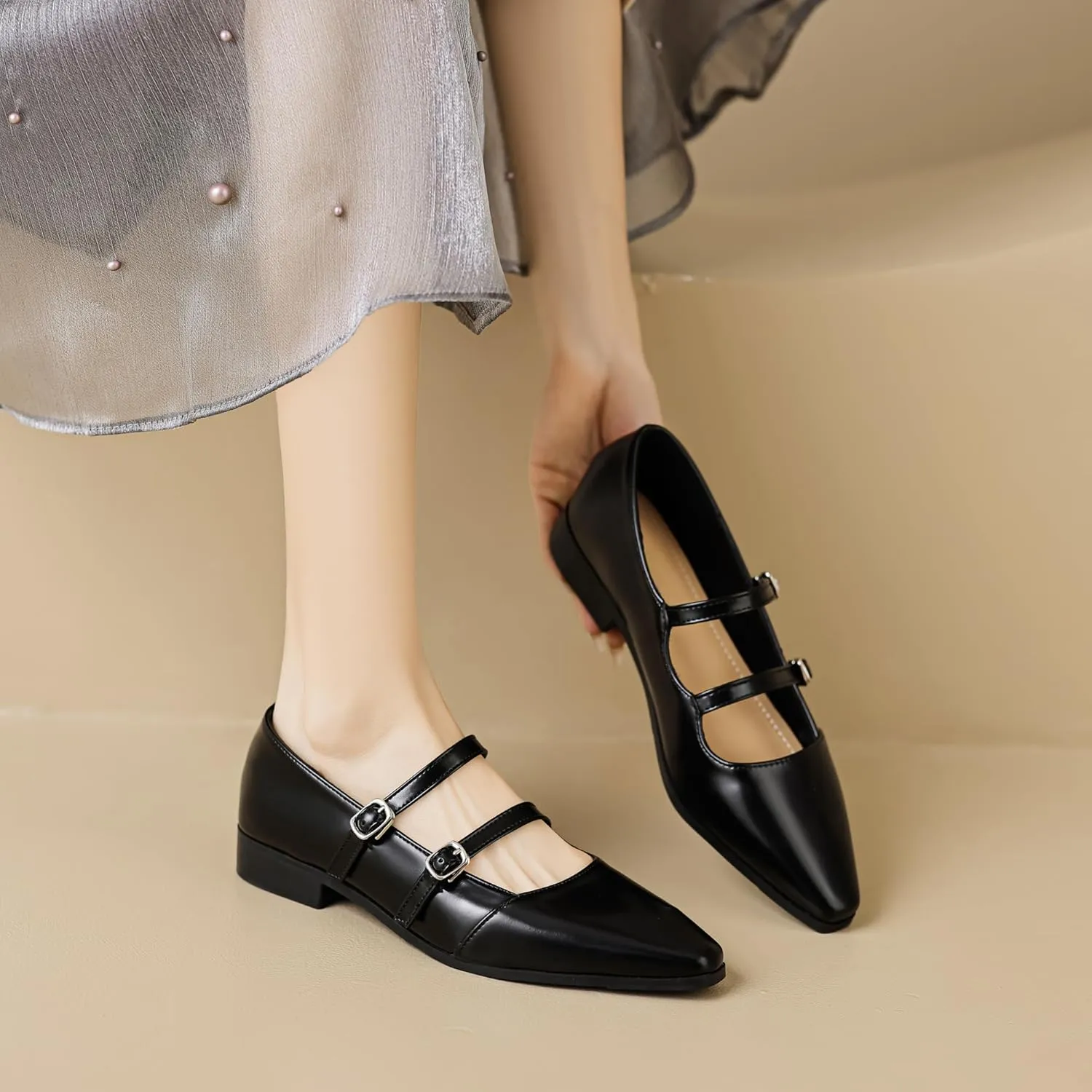 Dear Time Women's Vintage Mary Jane Shoes Ankle Strap Square Toe Flats Uniform Dress Shoes Ballet Flats