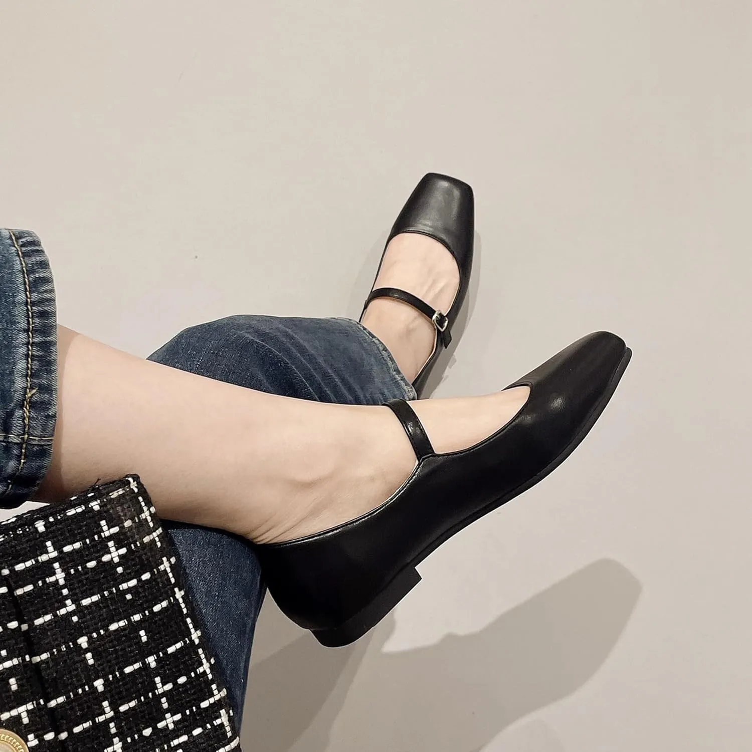 Dear Time Women's Vintage Mary Jane Shoes Ankle Strap Square Toe Flats Uniform Dress Shoes Ballet Flats