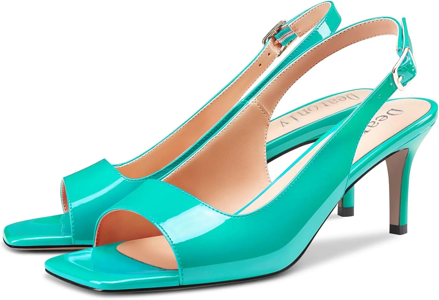 DearOnly Womens Mid Heel Open Square Toe Slingback Sandals Basic Classic Buckle Casual Prom Summer Shoes 2.6 Inches Heels