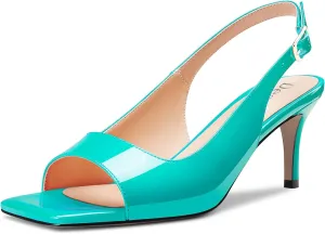 DearOnly Womens Mid Heel Open Square Toe Slingback Sandals Basic Classic Buckle Casual Prom Summer Shoes 2.6 Inches Heels