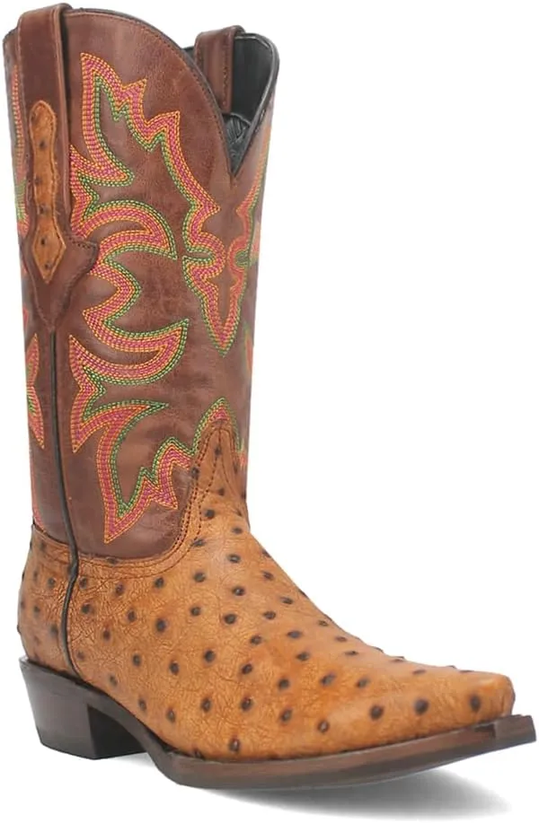 Dingo Mens Outlaw Embroidered Ostrich Print Snip Toe Casual Boots Mid Calf - Brown
