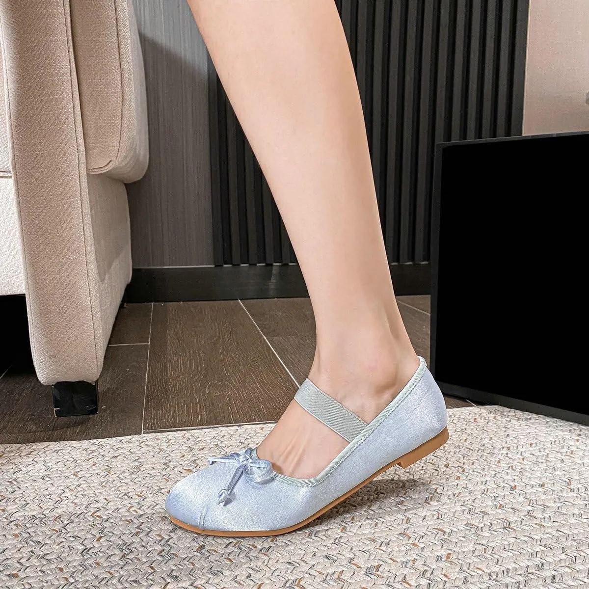DINTAHA Ballet Flats with Strap Bow Mary Jane Flats for Women,Satin Wedding Dress Shoes