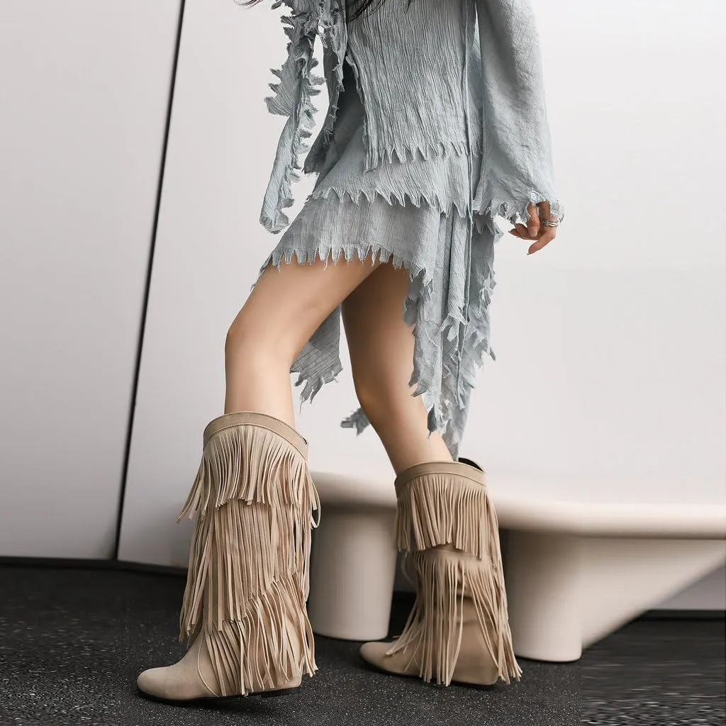 DINTAHA Flat Fringe Cowboy Boots Faux Suede Cowgirl Boots Knee High Boots Flat Tassel Western Boots