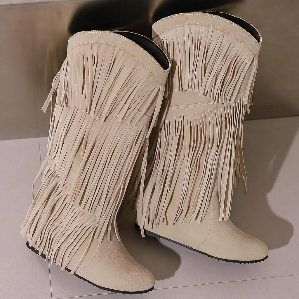 DINTAHA Flat Fringe Cowboy Boots Faux Suede Cowgirl Boots Knee High Boots Flat Tassel Western Boots