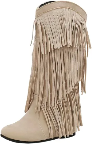 DINTAHA Flat Fringe Cowboy Boots Faux Suede Cowgirl Boots Knee High Boots Flat Tassel Western Boots