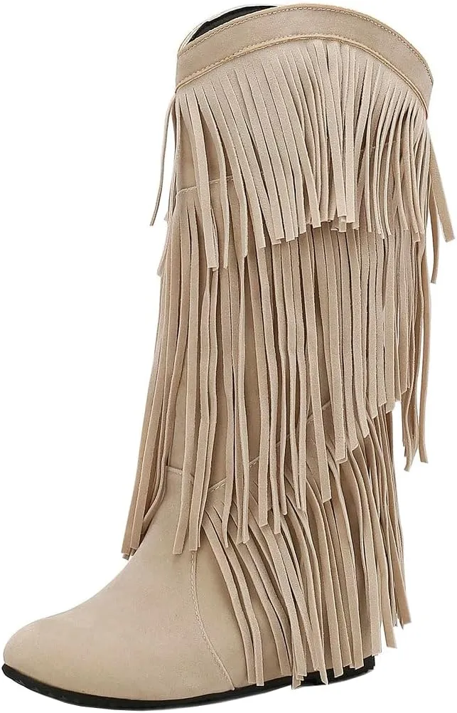 DINTAHA Flat Fringe Cowboy Boots Faux Suede Cowgirl Boots Knee High Boots Flat Tassel Western Boots