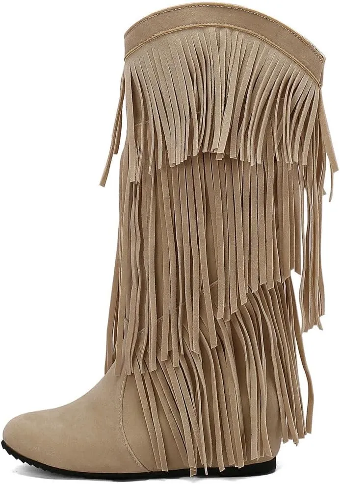 DINTAHA Flat Fringe Cowboy Boots Faux Suede Cowgirl Boots Knee High Boots Flat Tassel Western Boots
