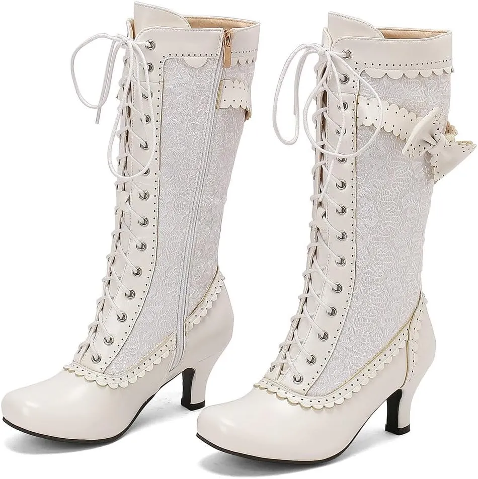 DINTAHA Vintage Victorian Boots Lace Mid Calf Kitten Heel Boots Wedding Dress Boots With Bow