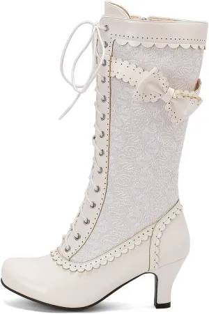 DINTAHA Vintage Victorian Boots Lace Mid Calf Kitten Heel Boots Wedding Dress Boots With Bow