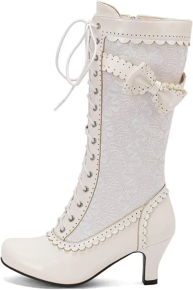 DINTAHA Vintage Victorian Boots Lace Mid Calf Kitten Heel Boots Wedding Dress Boots With Bow