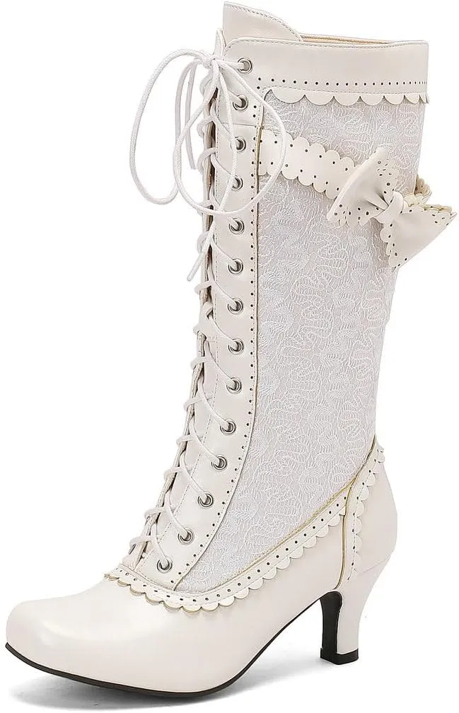 DINTAHA Vintage Victorian Boots Lace Mid Calf Kitten Heel Boots Wedding Dress Boots With Bow