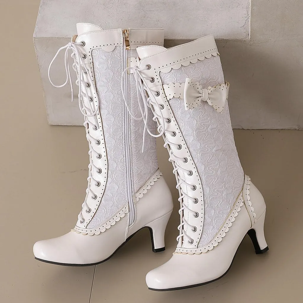DINTAHA Vintage Victorian Boots Lace Mid Calf Kitten Heel Boots Wedding Dress Boots With Bow