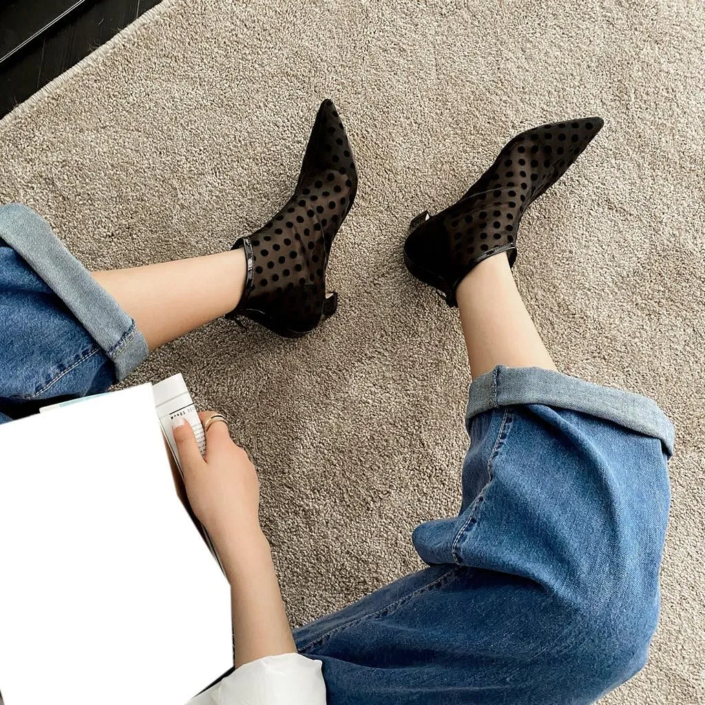 DINTAHA Womens Black Mesh Booties Low Heel Pointed Toe Low Kitten Heel Boots Polka Dot Kitten Heels