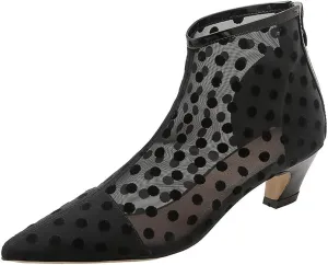 DINTAHA Womens Black Mesh Booties Low Heel Pointed Toe Low Kitten Heel Boots Polka Dot Kitten Heels