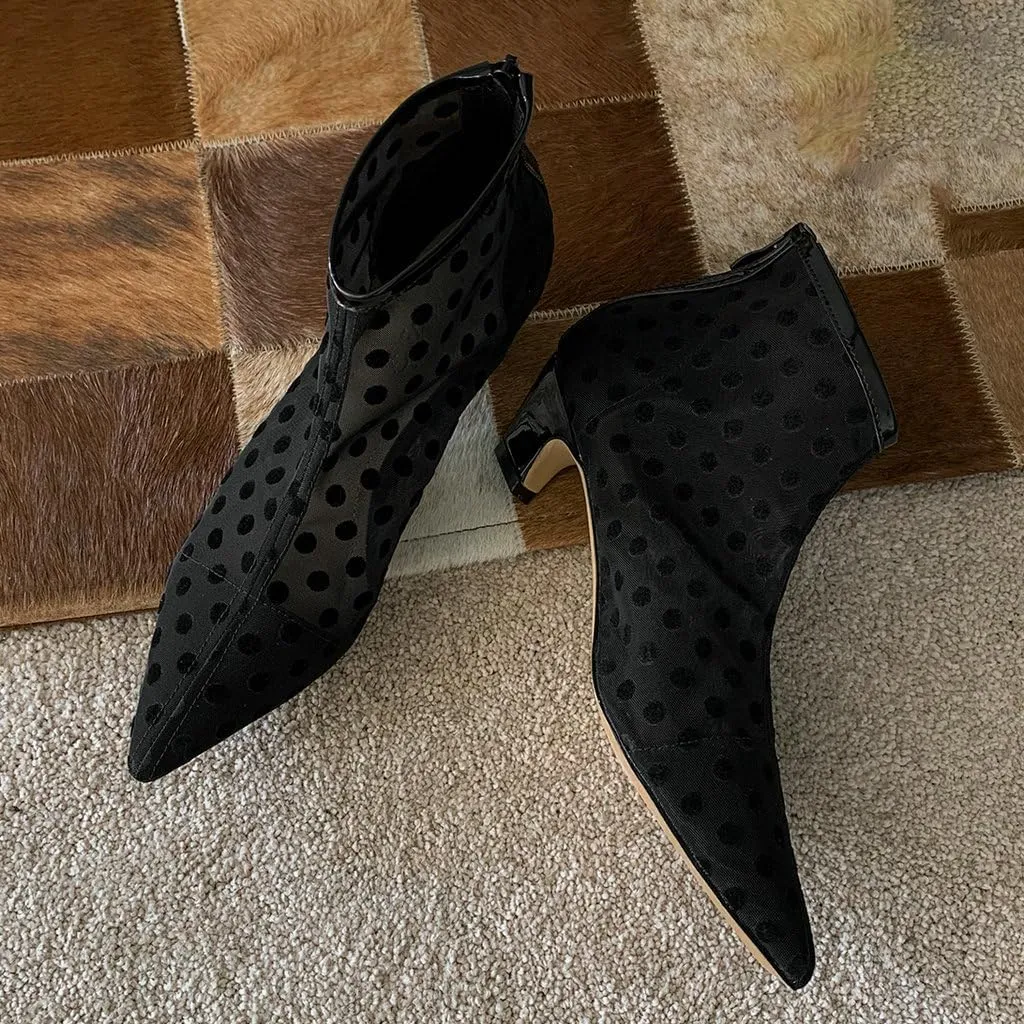 DINTAHA Womens Black Mesh Booties Low Heel Pointed Toe Low Kitten Heel Boots Polka Dot Kitten Heels