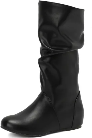 DINTAHA Womens Slouch Flat Boots Mid Calf Flat Boots Low Heel Fall Slouchy Cowgirl Boots