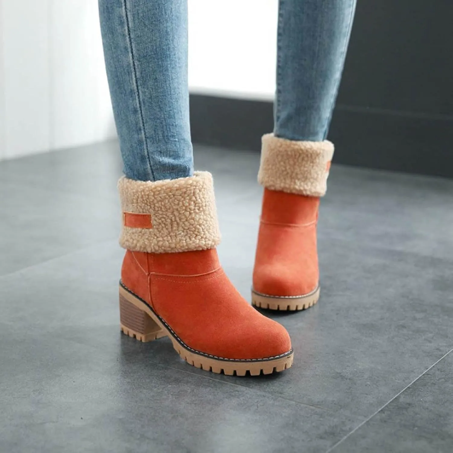 Dotmalls Boots Dotmalls Seniors' Chunky Heel Winter Boots Sherpa Lined Boots Comfortable Slip On Mid Chunky Heel Suede Snow Boots Warm Ankle Boots