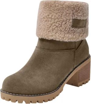 Dotmalls Boots Dotmalls Seniors' Chunky Heel Winter Boots Sherpa Lined Boots Comfortable Slip On Mid Chunky Heel Suede Snow Boots Warm Ankle Boots