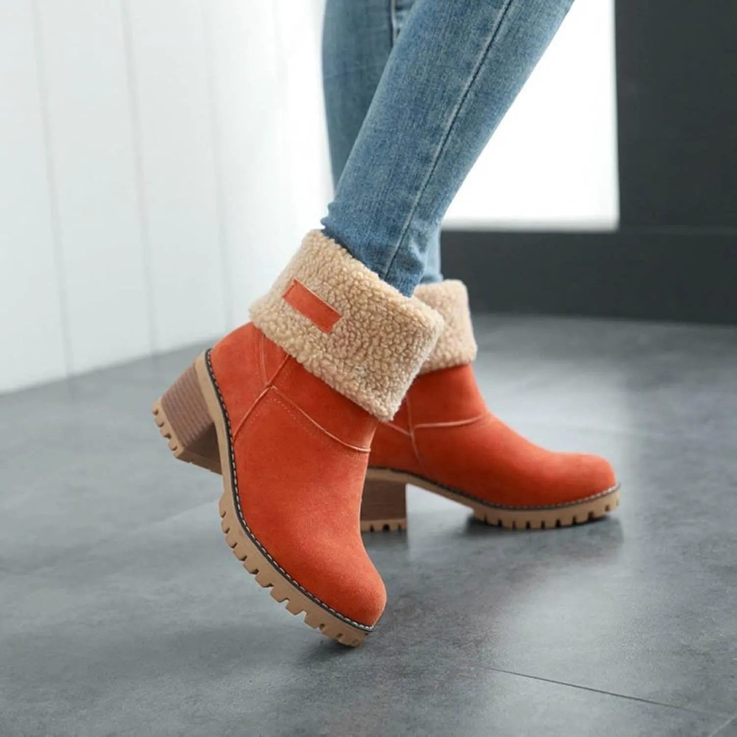 Dotmalls Boots Dotmalls Seniors' Chunky Heel Winter Boots Sherpa Lined Boots Comfortable Slip On Mid Chunky Heel Suede Snow Boots Warm Ankle Boots