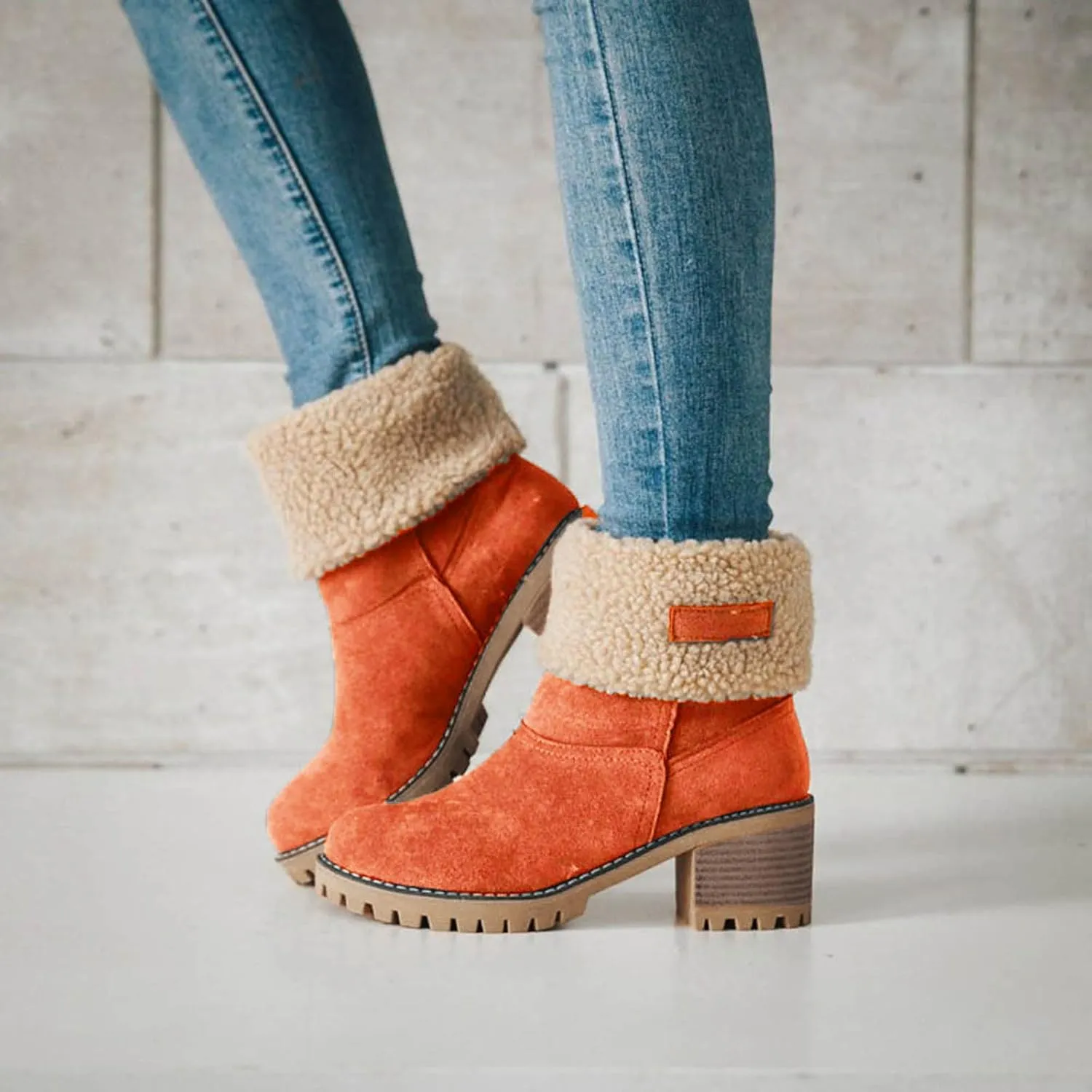 Dotmalls Boots Dotmalls Seniors' Chunky Heel Winter Boots Sherpa Lined Boots Comfortable Slip On Mid Chunky Heel Suede Snow Boots Warm Ankle Boots