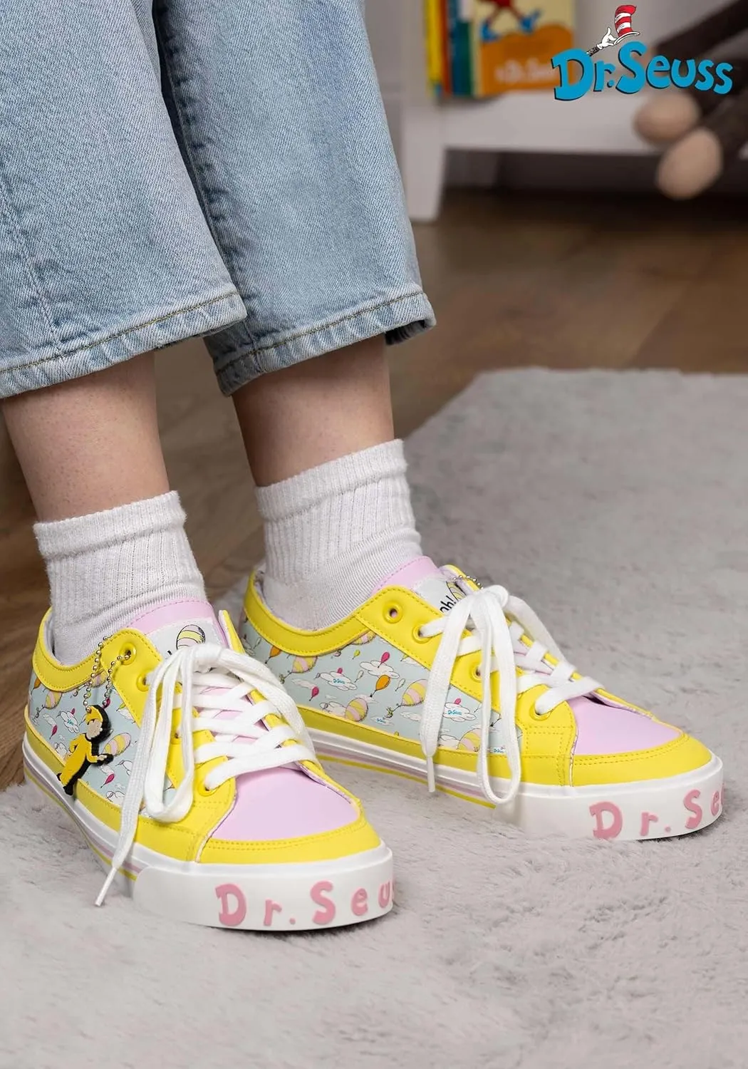 Dr. Seuss Oh The Places You'll Go! Adult Sneakers - Rubber Soles, Embroidered Tongues, Sublimated Graphics, Keychain