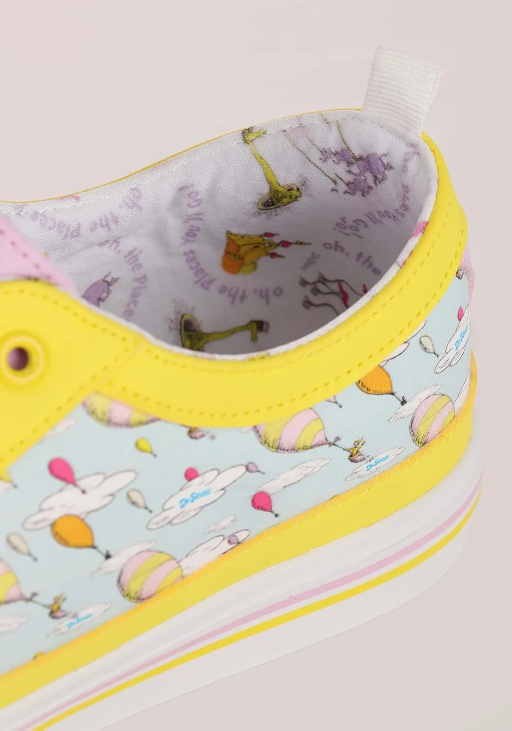 Dr. Seuss Oh The Places You'll Go! Adult Sneakers - Rubber Soles, Embroidered Tongues, Sublimated Graphics, Keychain