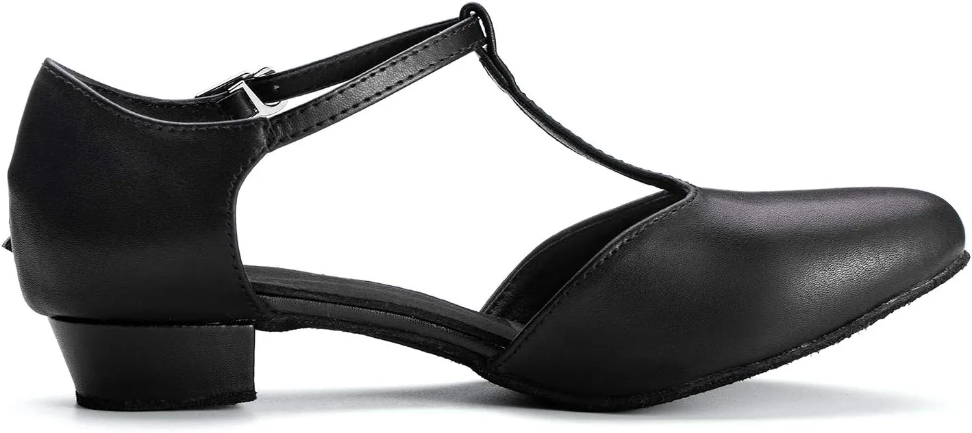 Dress First Flats Dance Shoes Women Low Heel Genuine Leather Pumps T-Strap Latin Ballroom Salsa Shoes,1"