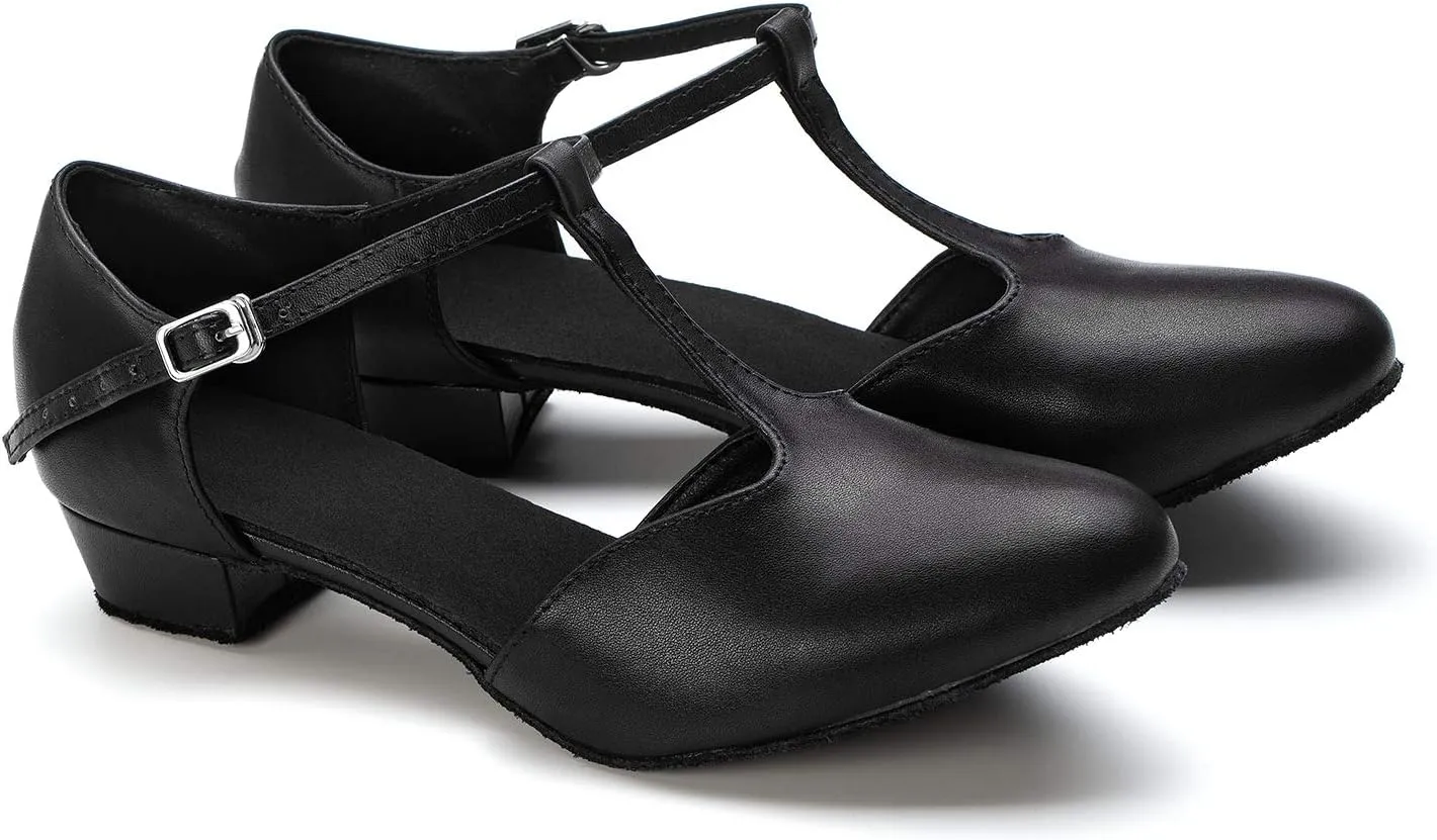 Dress First Flats Dance Shoes Women Low Heel Genuine Leather Pumps T-Strap Latin Ballroom Salsa Shoes,1"