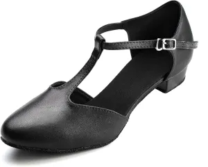 Dress First Flats Dance Shoes Women Low Heel Genuine Leather Pumps T-Strap Latin Ballroom Salsa Shoes,1"