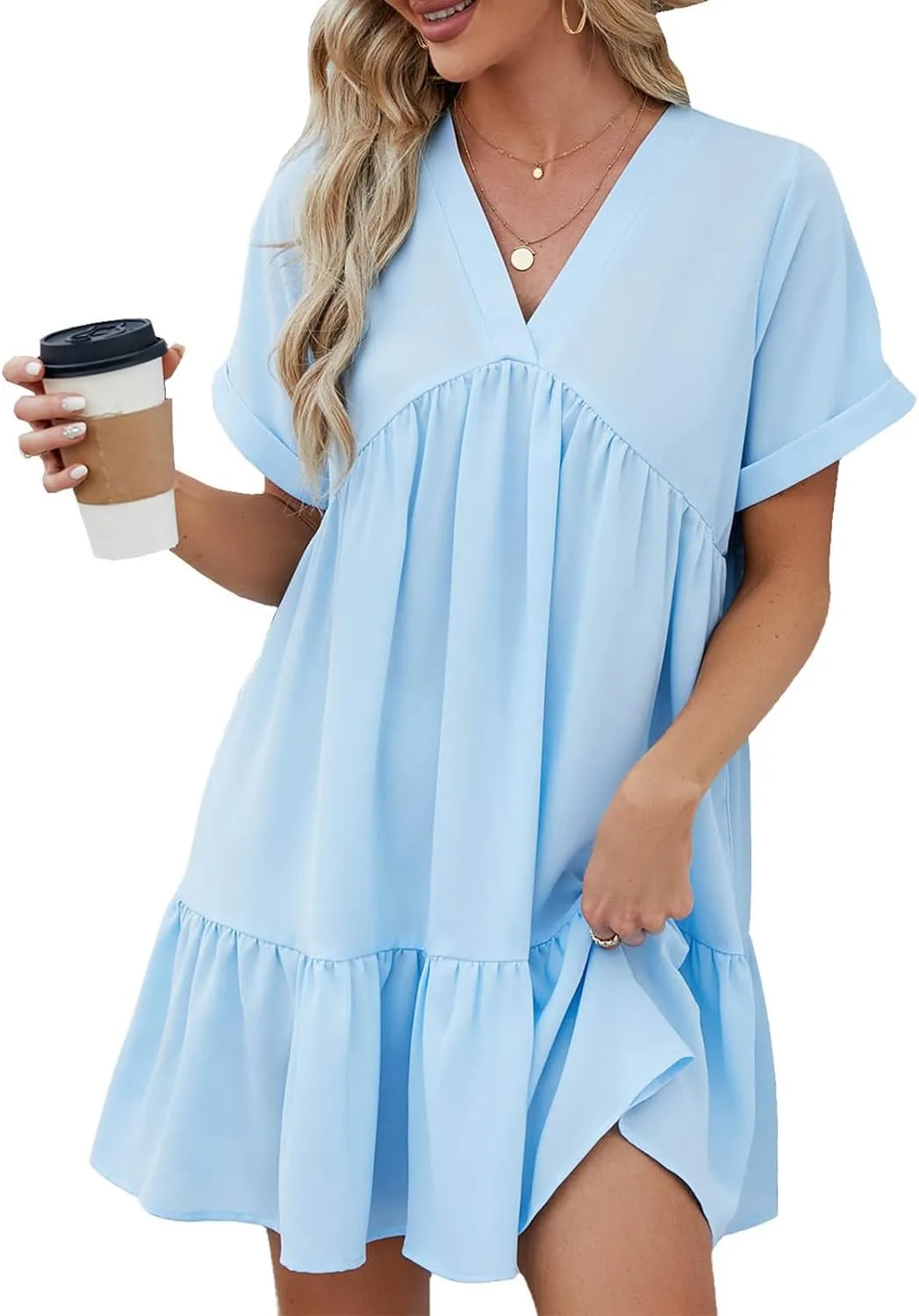 Dresses for Women 2025 Solid Color V-Nekc Short Sleeve Pleated Swing Dress Casual Work Vacation Party Sundress