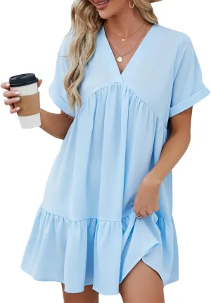 Dresses for Women 2025 Solid Color V-Nekc Short Sleeve Pleated Swing Dress Casual Work Vacation Party Sundress