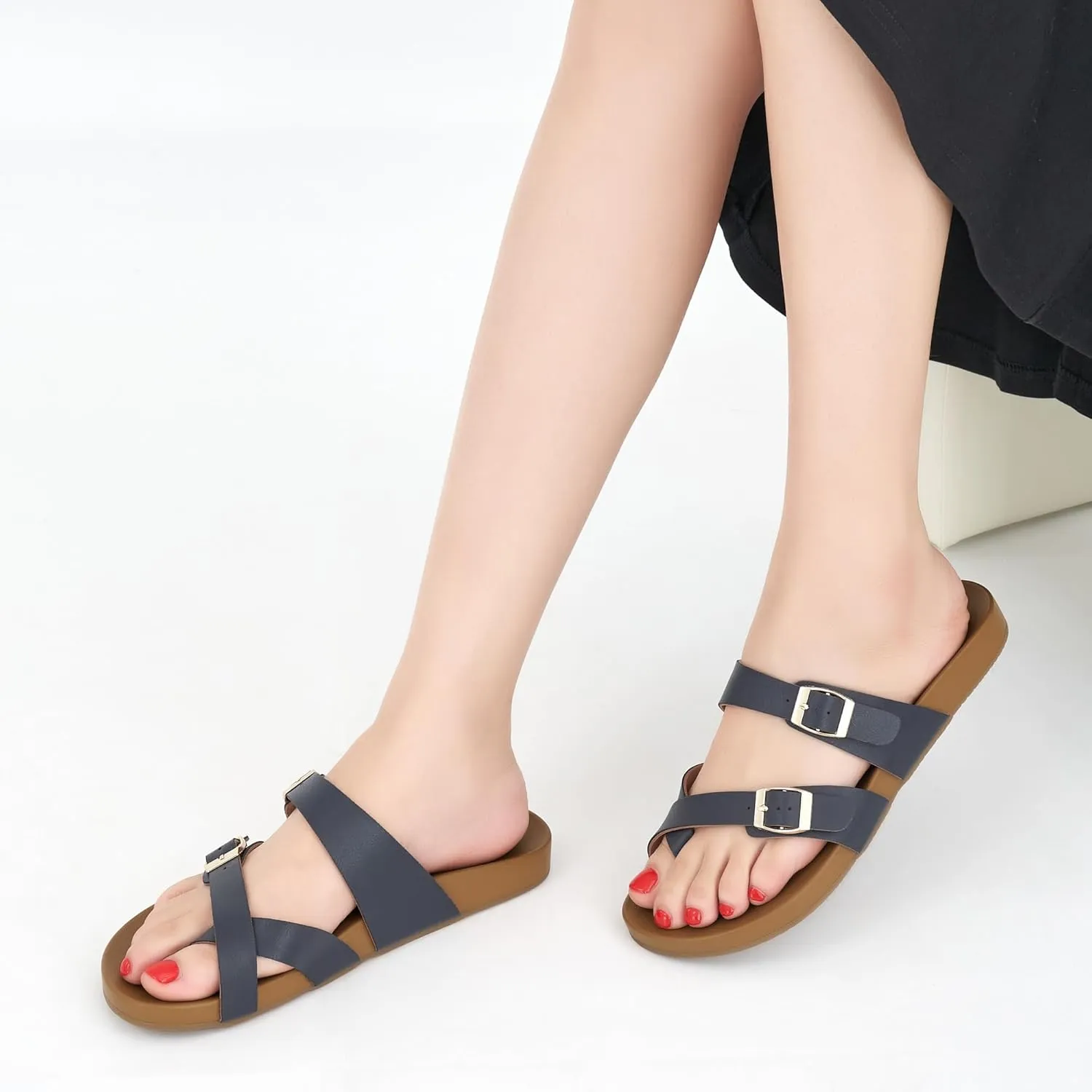 Ecetana Womens Sandals Dressy Summer Comfortable Casual Beach Flat Shoes Adjustable Buckle Slip On Walking Slides