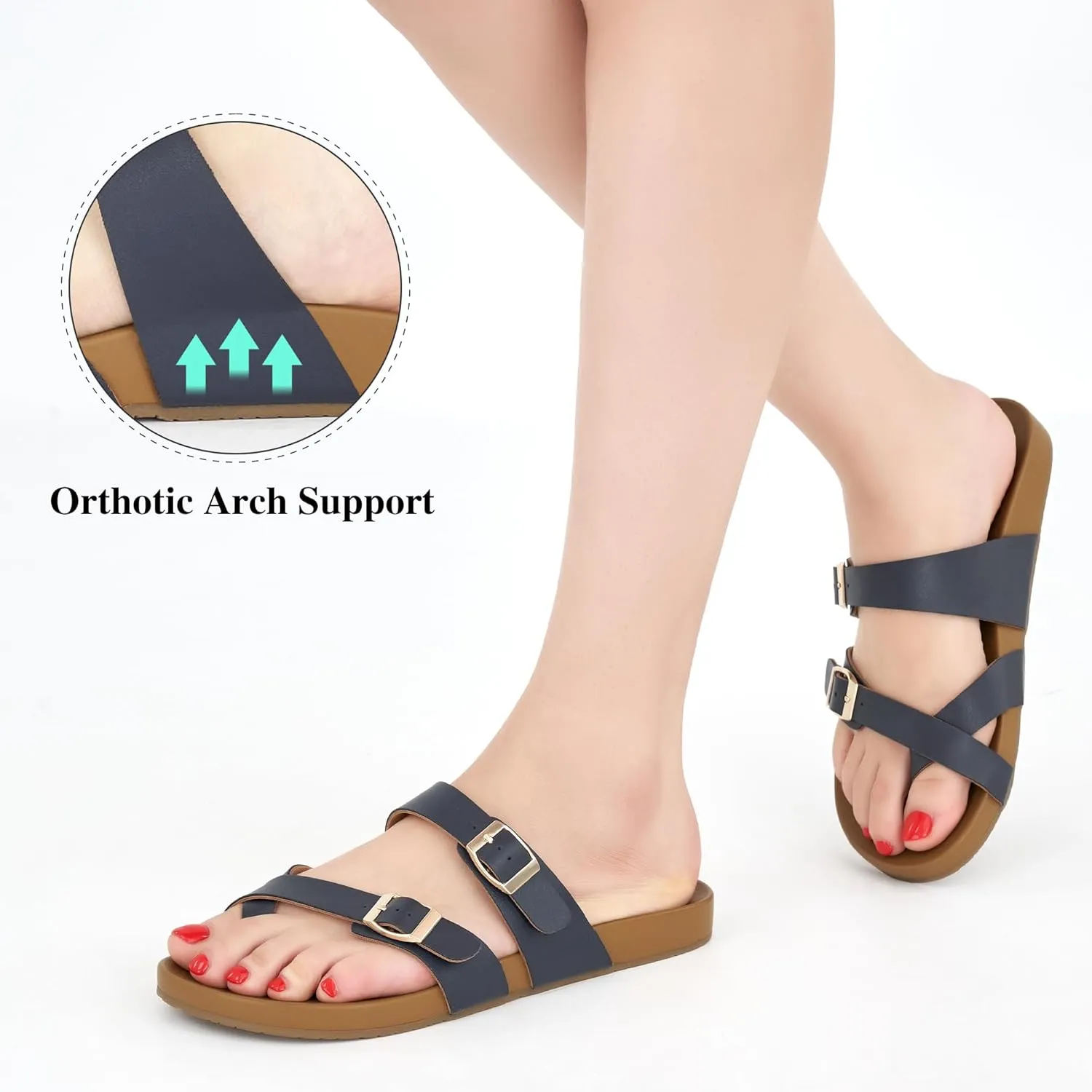 Ecetana Womens Sandals Dressy Summer Comfortable Casual Beach Flat Shoes Adjustable Buckle Slip On Walking Slides