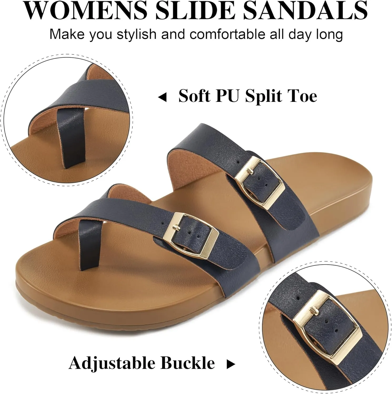 Ecetana Womens Sandals Dressy Summer Comfortable Casual Beach Flat Shoes Adjustable Buckle Slip On Walking Slides