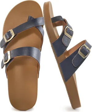 Ecetana Womens Sandals Dressy Summer Comfortable Casual Beach Flat Shoes Adjustable Buckle Slip On Walking Slides
